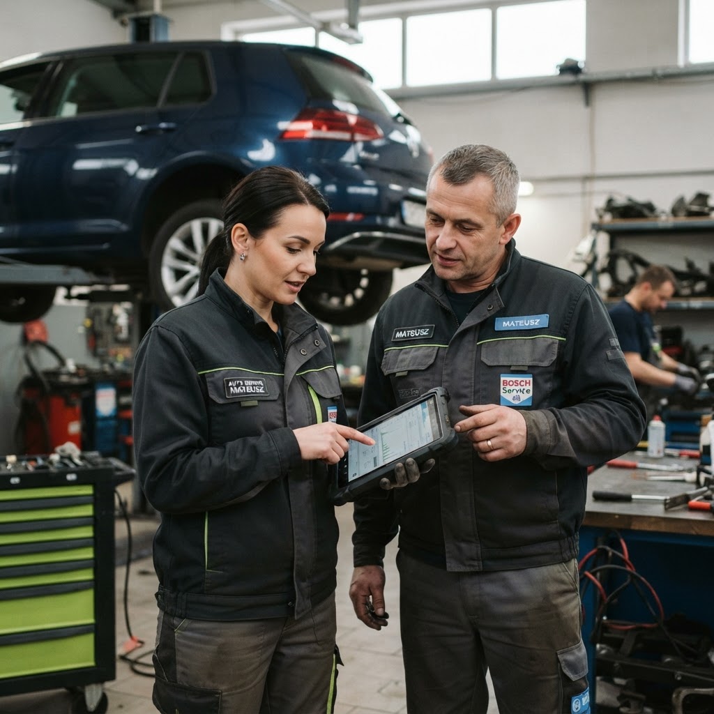 Mechanik PULSE omawia diagnozę z klientką w warsztacie